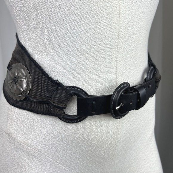 Unbranded Black Canvas Leather Wide Waist Belt Silver Concho Western Boho 29.5in - Picture 4 of 13